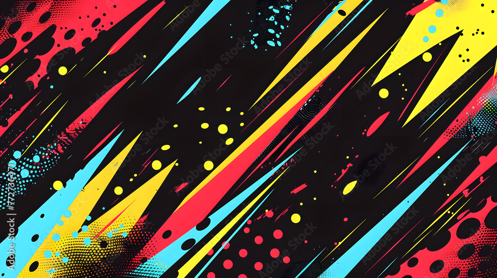 A colorful abstract background with red blue and yellow lines and dots. The background is a mix of bright and dark colors, giving it a dynamic and energetic feel - obrazy, fototapety, plakaty 