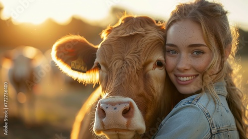 Farmer Happy young woman hugging cow with sun light, concept veterinary health care photo