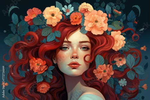 Beautiful girl with flowers in her hair, fashionable illustration, isolated background.