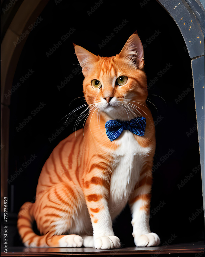 Una imagen detallada de un gato anaranjado adulto, con una corbata azul de moño - obrazy, fototapety, plakaty 