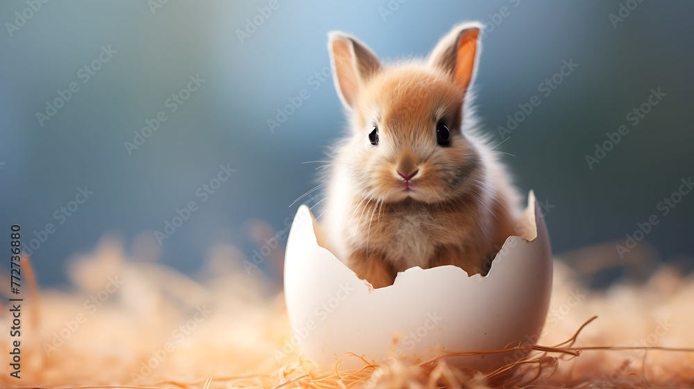 Cute baby rabbit as easter bunny sitting in easter egg as easter background wallpaper design