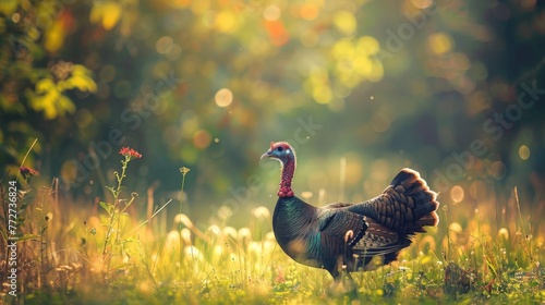 Wild turkey walks in the meadow.