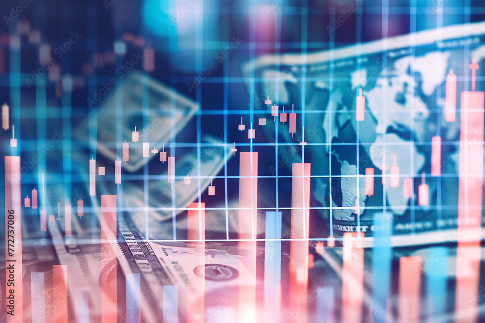 Abstract financial graph with up and down red and green candlesticks Stock market Business and finance background with money Abstract financial graph with up and down red and green candlesticks Stock market Business and finance background with money