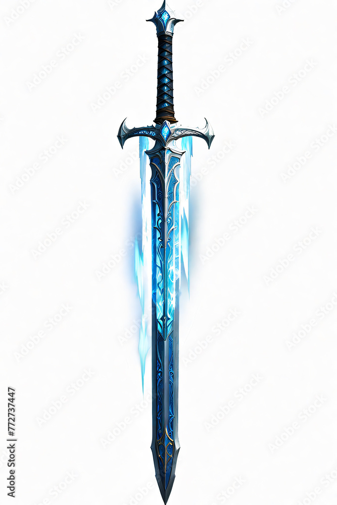3D illustration of a fantasy sword with a blue pattern and fire