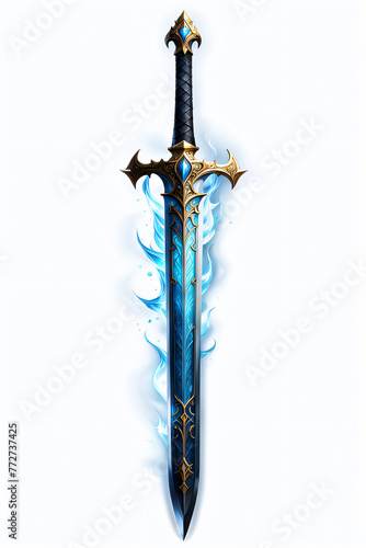 Illustration of a fantasy sword with a blue flame on a white background
