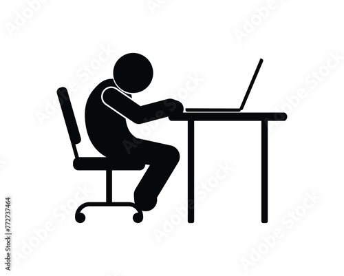 incorrect sitting at the table icon, sedentary lifestyle, hunched man with a crooked back, human silhouette stickman