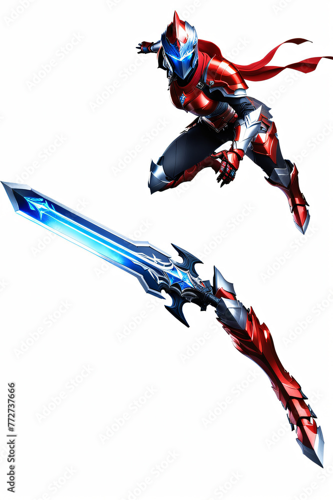 3D rendering of a cyber man with sword isolated on white background