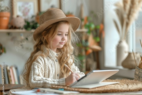Creative adorable little girl in a hat with a digital tablet for drawing in an artistic setting with natural light.