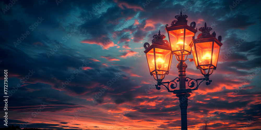 A street lamp with three lights is lit up in the evening sky. The sky is cloudy and the sun is setting, creating a warm and cozy atmosphere