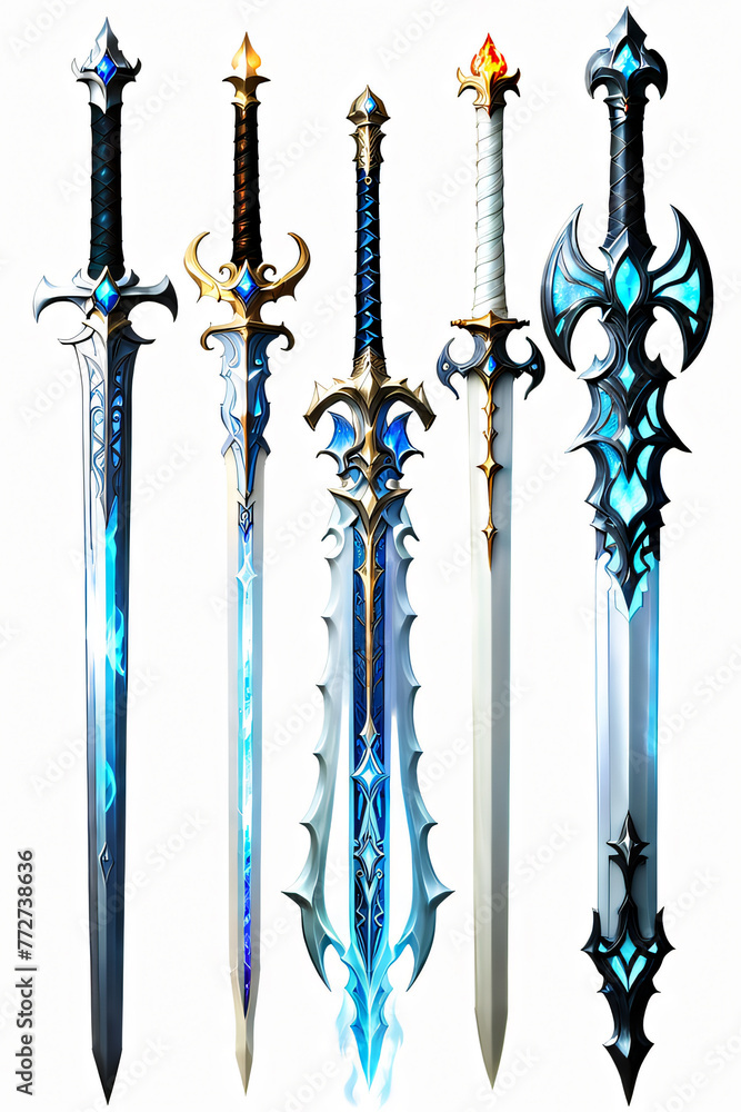 3d illustration of a set of fantasy swords isolated over white background