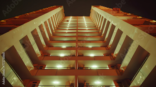 Illuminated Symmetrical Staircase at Night. The image captures a striking view of a symmetrical staircase ascending upwards, bathed in warm ambient lighting that accentuates its architectural design.