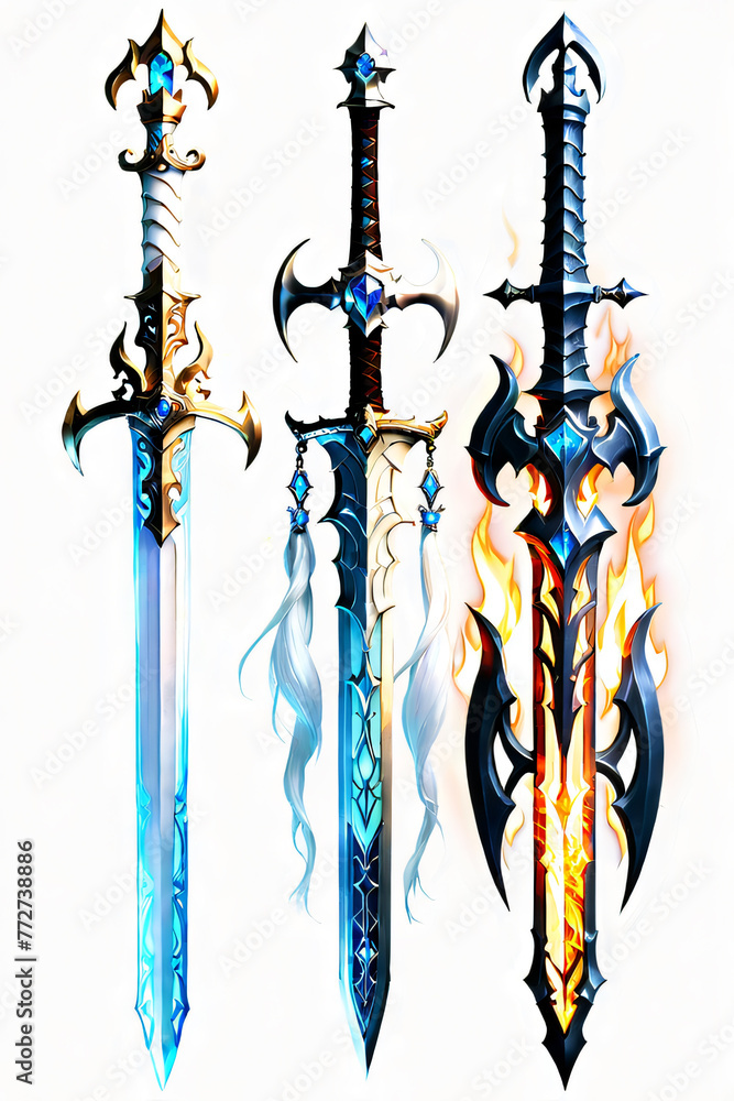 Set of three fantasy swords with blue and black patterns on a white background