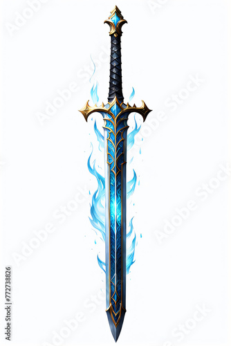Illustration of a fantasy sword on a white background with blue flames