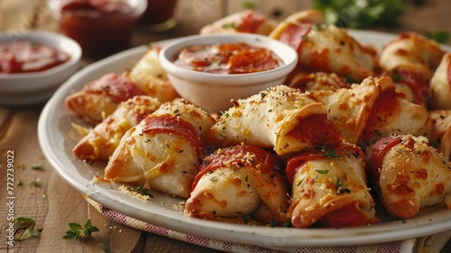 A delightful plate of cheesy pepperoni pizza rolls, featuring golden-brown pizza dough stuffed with gooey cheese 