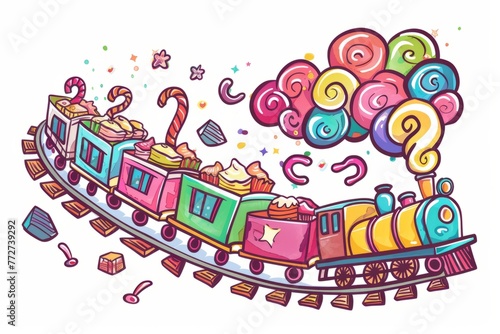 Cartoon cute doodles of a candy train chugging along tracks made of licorice  carrying passengers in chocolate boxcars and marshmallow cabooses  Generative AI