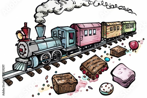 Cartoon cute doodles of a candy train chugging along tracks made of licorice, carrying passengers in chocolate boxcars and marshmallow cabooses, Generative AI