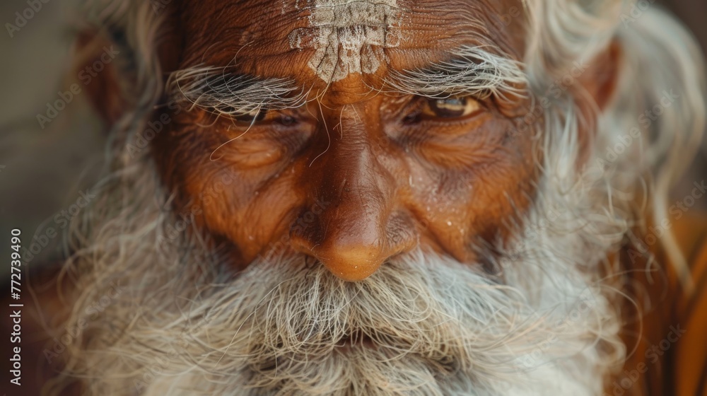 close-up portrait of the face of an old indian man with white hair and a long beard close-up portrait of the face of an old indian man with white hair and a long beard