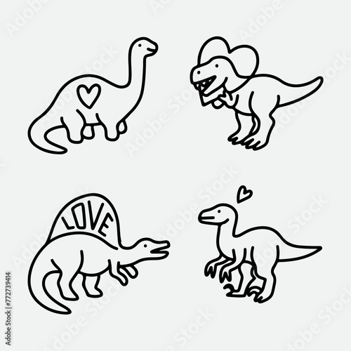 dinosaur with heart shapes doodle set