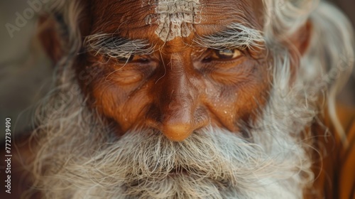 close-up portrait of the face of an old indian man with white hair and a long beard