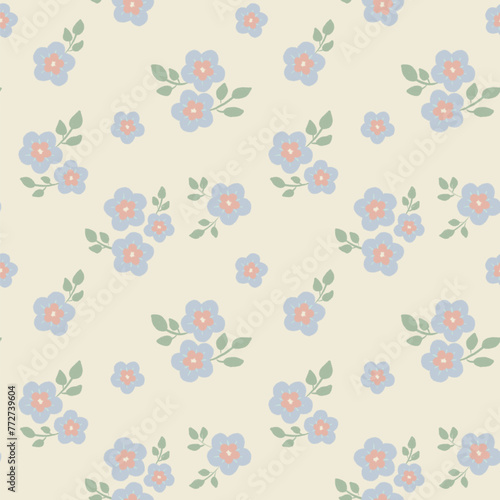 Hand draw blue flowers on yellow background seamless pattern