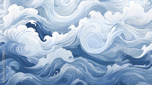 A painted blue ocean with waves in the abstract background. 