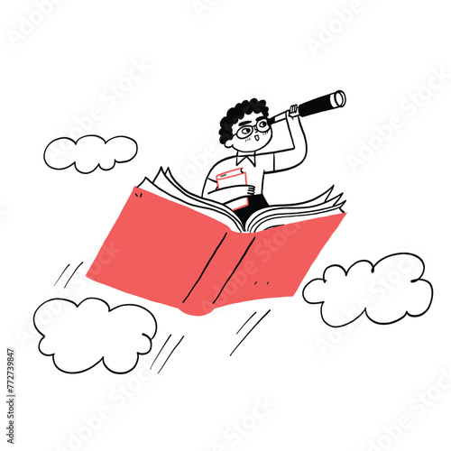 Happy cute child flying on the book on white background.
