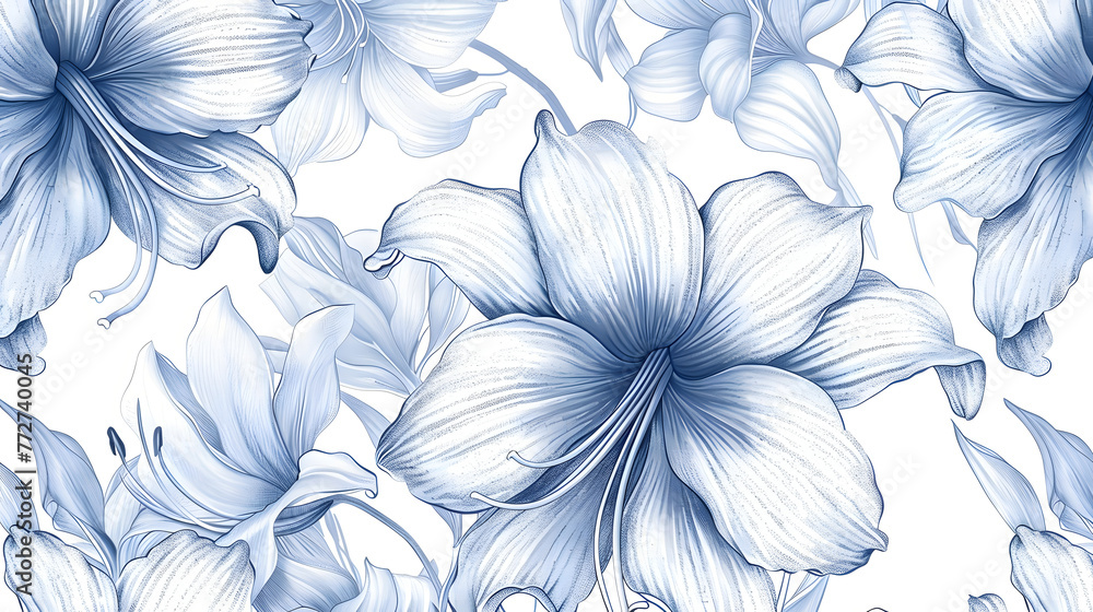 A blue and white flower pattern with a white background. The flowers are drawn in a stylized way, giving the impression of a watercolor painting. The scene is serene and calming, with the blue - obrazy, fototapety, plakaty 