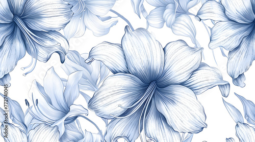 A blue and white flower pattern with a white background. The flowers are drawn in a stylized way, giving the impression of a watercolor painting. The scene is serene and calming, with the blue