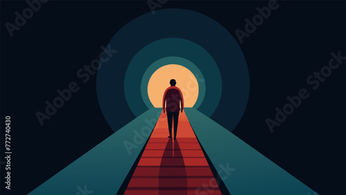A person standing on a small platform in a neverending tunnel symbolizing the idea of being stuck in a onetrack mindset due to tunnel vision