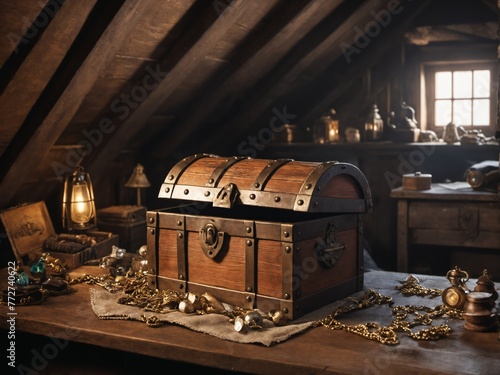 An image of a treasure chest hidden in plain sight amidst a cluttered attic.