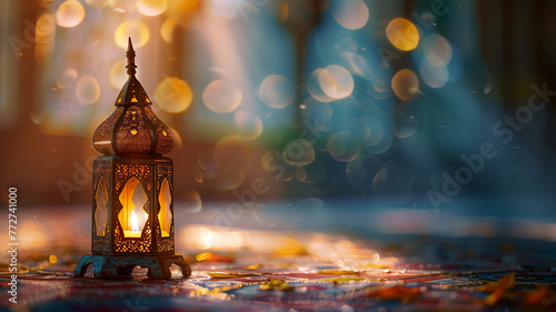 Golden lantern with candle, lamp with arabic decoration, arabesque design. Beautiful muslim invitation with ramadan. Eid mubarak. Religion background © Art of Ngu