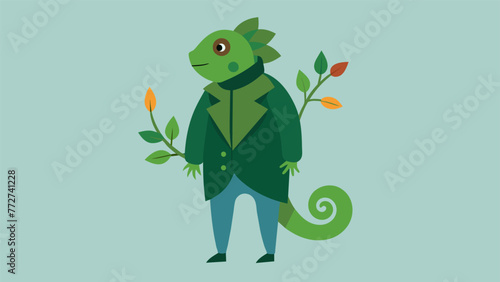 A person is depicted as a chameleon wearing a coat made of leaves and branches signifying their ability to camouflage themselves in new