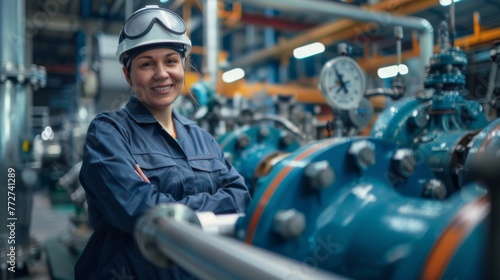 A smiling worker in an industrial valve factory, exuding safety and control. Factory mechanisms, precision tools, pipes and levers on the background. © Vladimir