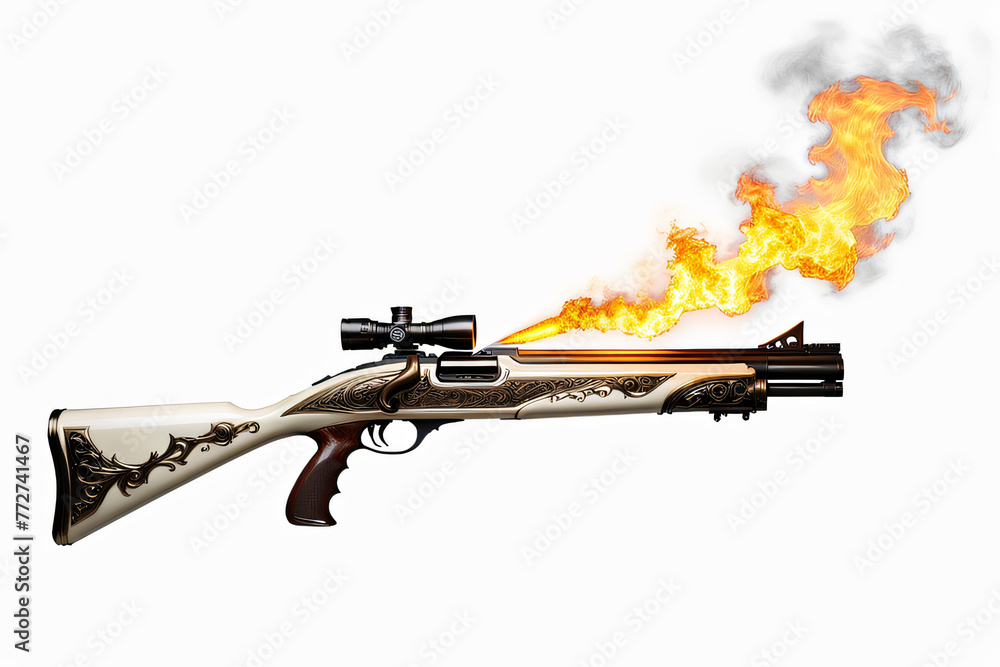 Hunting rifle with fire and smoke isolated on a white background.