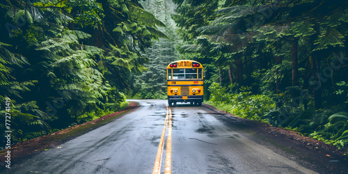 Ônibus escolar amarelo clássico dirigindo por uma estrada arborizada
