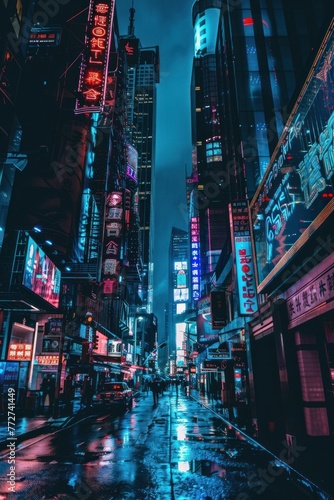 A cyberpunk cityscape with towering skyscrapers, flickering neon signs, and dark alleyways, depicting the gritty and dystopian side of the digital future, Generative AI