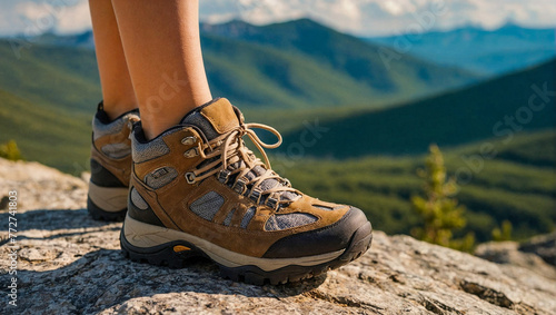 Closeup of female in hiking shoes standing on cliff look out over outdoor mountains landscape. Seen from behind