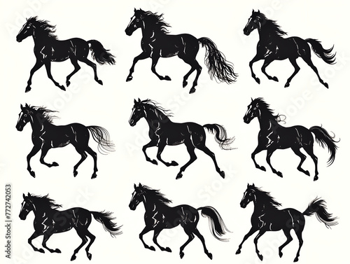 set of horses silhouettes on white