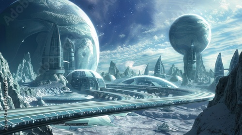Generiere eine Szene einer futuristischen Raumstadt auf einem entfernten Planeten.  photo