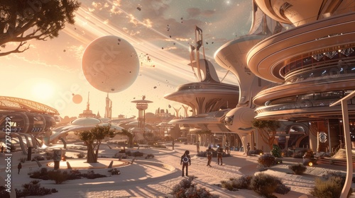 Generiere eine Szene einer futuristischen Raumstadt auf einem entfernten Planeten. Betone die innovativen Architekturelemente,  photo