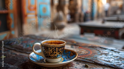Enjoying a steaming cup of Arabic coffee, skillfully brewed with bold flavors and infused with aromatic cardamom ai image