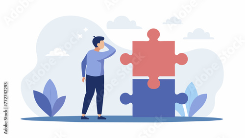 A person standing back and looking at a completed jigsaw puzzle but with a look of detachment or disconnect highlighting the potential danger