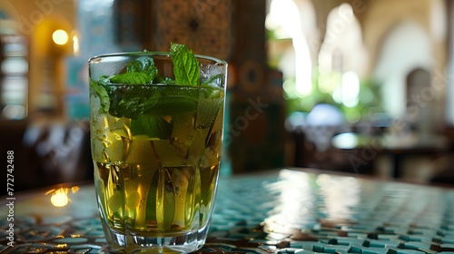 Enjoying a refreshing glass of mint tea, a treasured traditional Arabic beverage ai image