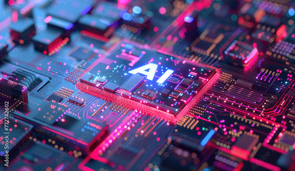 A closeup of an AI chip glowing with vibrant colors on top of intricate circuit board patterns