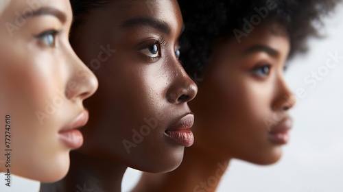 Side Profile of Three Diverse Women, Concept of Unity in Diversity. Clean Composition, Close-up, Studio Shot. Perfect for Social Themes. AI