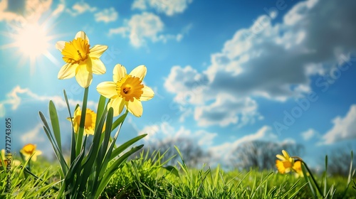Vibrant Spring Daffodils Bloom under Sunny Blue Sky. Nature's Beauty Captured in Vivid Colors. Perfect for Postcards and Wallpapers. Inspired by Serenity. AI