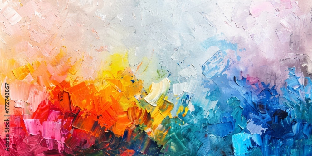 An abstract painting featuring a vibrant rainbow-colored background with various hues seamlessly blending together