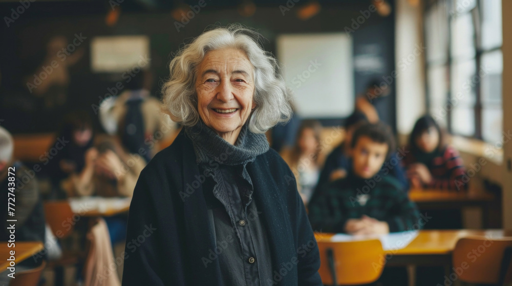 An older woman with a radiant smile standing confidently in front of a classroom full of students, engaged in a teaching session An older woman with a radiant smile standing confidently in front of a classroom full of students, engaged in a teaching session