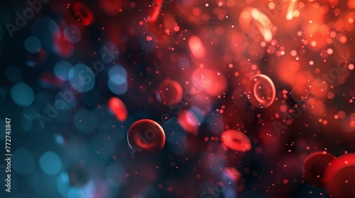 Abstract representation of red blood cells against a blurry red and blue background
