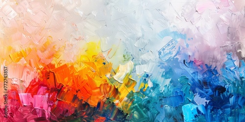 An abstract painting featuring a vibrant rainbow-colored background with various hues seamlessly blending together